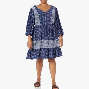 Avenue Blue Floral Paisley Latter Stitching Detail Layered Long Sleeve Dress